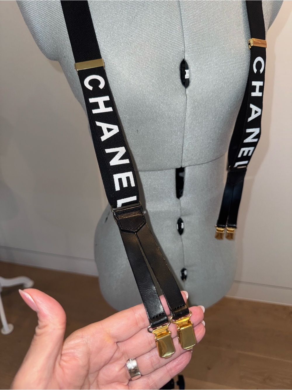 CHANEL Vintage Black Elastic Suspenders with Gold-Tone Hardware